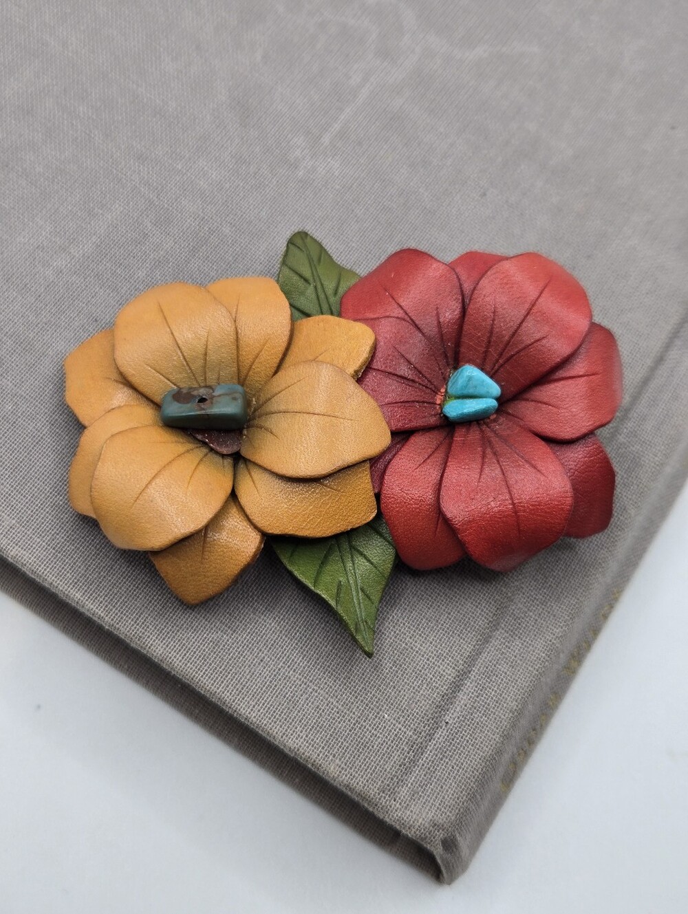 Vintage Leather Flower Brooch Made In Canada turquoise Chips